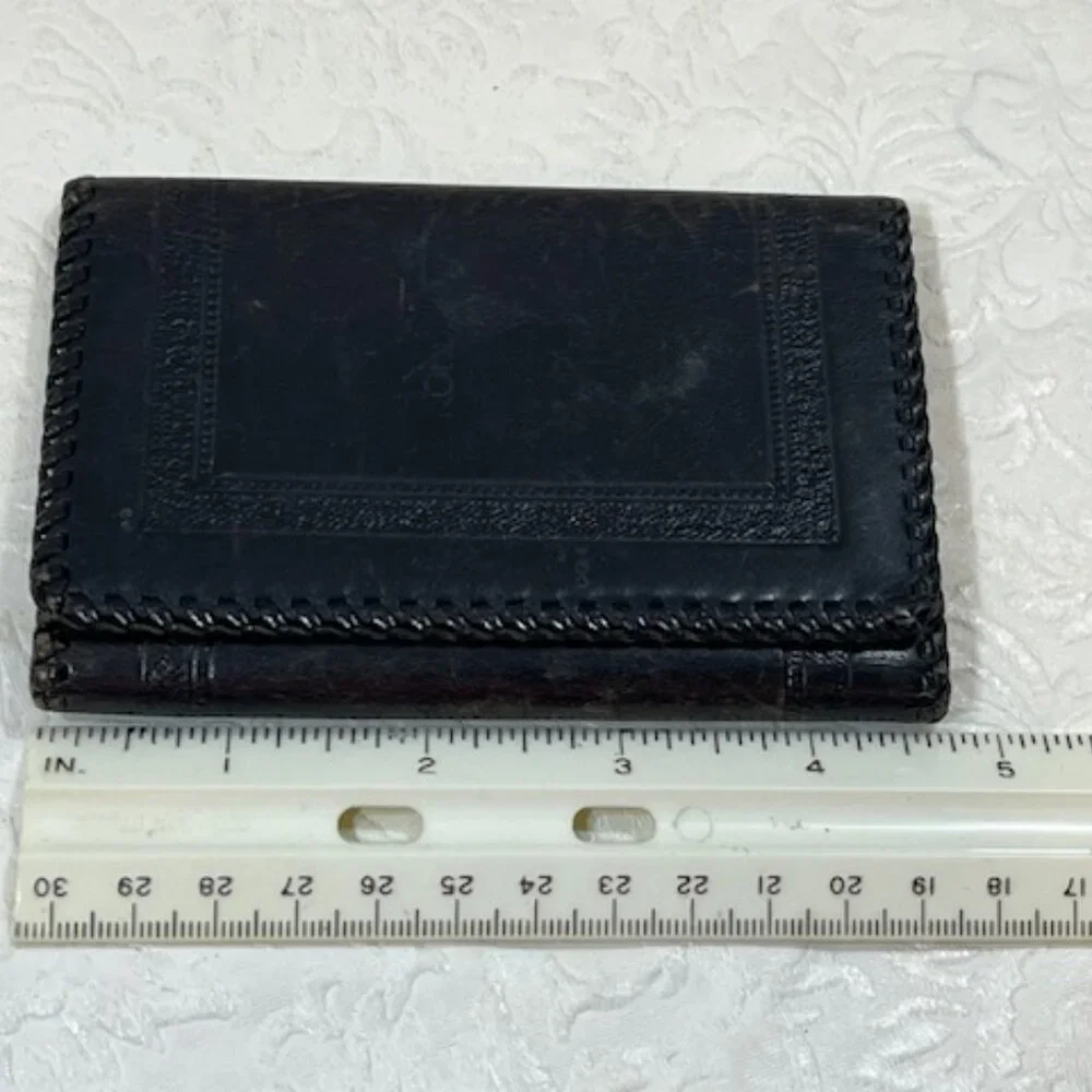 VTG Black Leather Trifold Tooled Stitched Wallet
